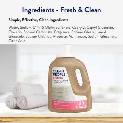 The Clean People Liquid Laundry Detergent - Recyclable Packaging, Stain Fighting - Ultra Concentrated, Laundry Soap - Spring Scent, 50 fl oz
