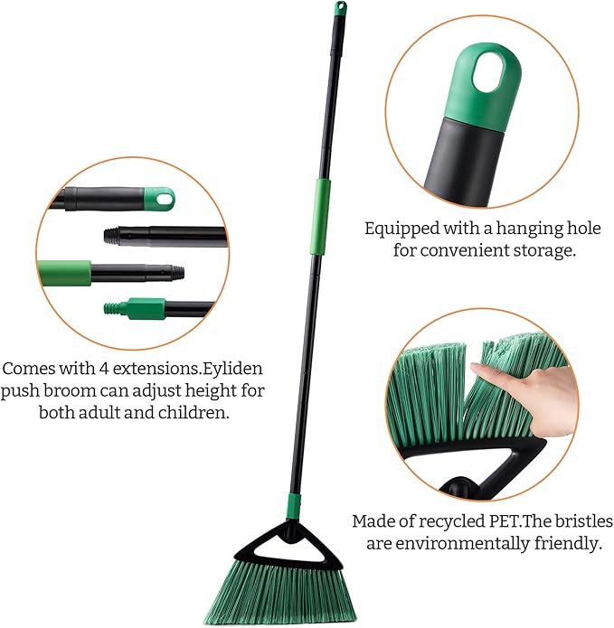 Eyliden Broom, Angle Broom with 57" Long Handle - Fit Heavy-Duty Cleaning, Also Works Well Fine Dust - Commercial Outdoor Indoor Sweeper for Courtyard, Sidewalk, Deck, Kitchen, Lobby, Garage, Green