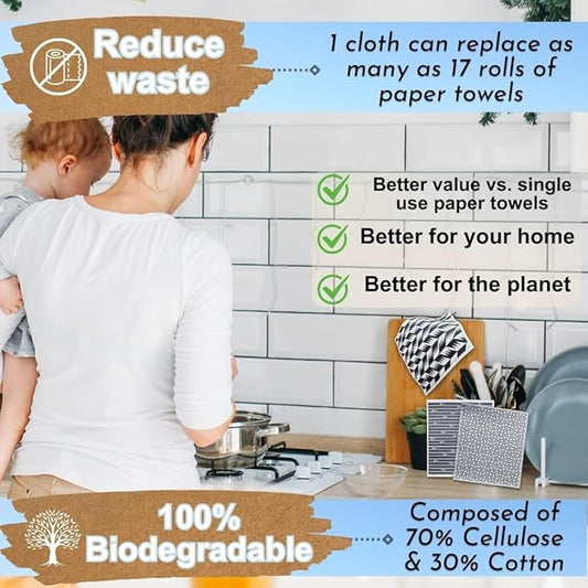Swedish Dishcloths - Ecofriendly Reusable Paper Towels, Biodegradable Dish Cloths - Cellulose Sponge Dish Cloths for Washing Dishes - 8 Pack (Black & White)