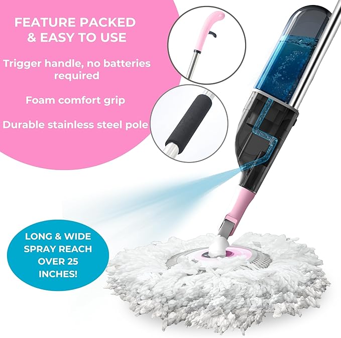 True & Tidy® Clean Everywhere Spray Mop Kit with Three Interchangeable Heads and Refillable Tank- Includes Flat Head, Round Mop, Window Squeegee (Pink)
