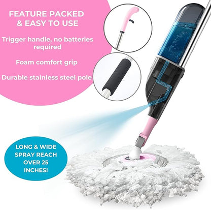 True & Tidy® Clean Everywhere Spray Mop Kit with Three Interchangeable Heads and Refillable Tank- Includes Flat Head, Round Mop, Window Squeegee (Pink)