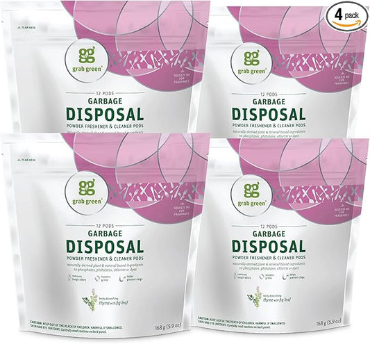 Grab Green Garbage Disposal Freshener and Cleaner Pods, 48 Count, Thyme with Fig Leaf, Plant and Mineral Based, Removes Odors, Loosens Grime, Prevents Clogging