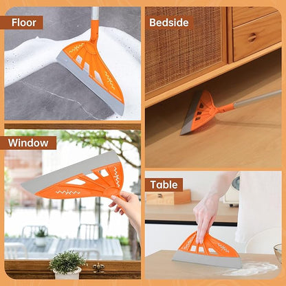 Magic Air Broom Household Silicone Broom for Floor Cleaning, Multifunctional Floor Squeegee with 60’’ Aluminum Adjustable Handle, Pet Hair for Glass, Fine Dust, Hair, Liquids (Orange)