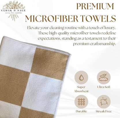 Cloak & SAGE 13" x 13" Luxury Microfiber Cleaning Cloths | Latte – 8 Pack | Premium Checkered All-Purpose Microfiber Towels for Cleaning Glass, Kitchens, Bathrooms, Automotive, & Supplies (8, Latte)