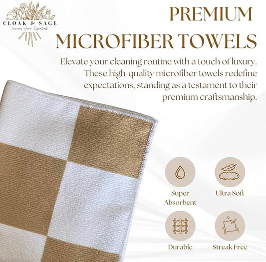 Cloak & SAGE 13" x 13" Luxury Microfiber Cleaning Cloths | Latte – 8 Pack | Premium Checkered All-Purpose Microfiber Towels for Cleaning Glass, Kitchens, Bathrooms, Automotive, & Supplies (8, Latte)