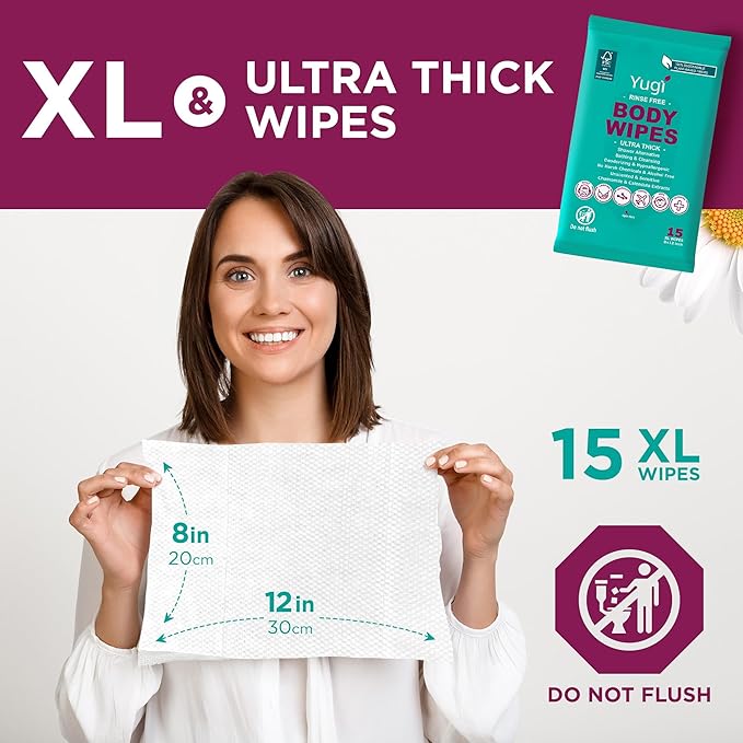 Body wipes (1 pack) 15 XL ultra thick shower wipes for Adult Bathing,Camping,Traveling,Gym,Nursing,car,Unscented,no-rinse bathing washcloths,Shower alternative face and body extra moist wipes