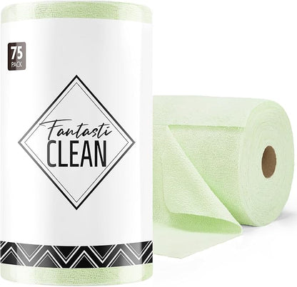 Fantasticlean Microfiber Cleaning Cloth Roll -75 Pack, Tear Away Microfiber Towels, 12" x 12", Reusable, Washable, Scratch Free, Ultra Absorbent Dish Rags for Car, Home, Garage or Shop (Green)