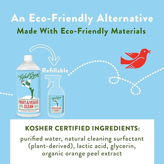 Rebel Green Fruit & Veggie Wash - Natural Produce Wash - Plant-Based, Sustainable Fruit and Vegetable Wash with No Aftertaste (32oz Refill Bottle)