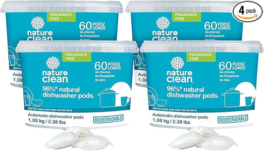 Nature Clean All Natural Dishwasher Pods, Plant-Based Non Toxic Dishwasher Detergent Pods, Dishwashing Pods Tough on Grease, Dish Pods for Dishwasher, Unscented Dishwasher Pods, 60 Count, Pack of 4
