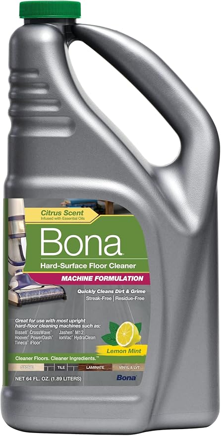 Bona Multi-Surface Cleaning Machine Formulation, Multi-Surface Floor Cleaner Concentrate Refill, for Stone Tile Laminate and Vinyl LVT/LVP, Lemon Mint Scent, 64 Fl Oz