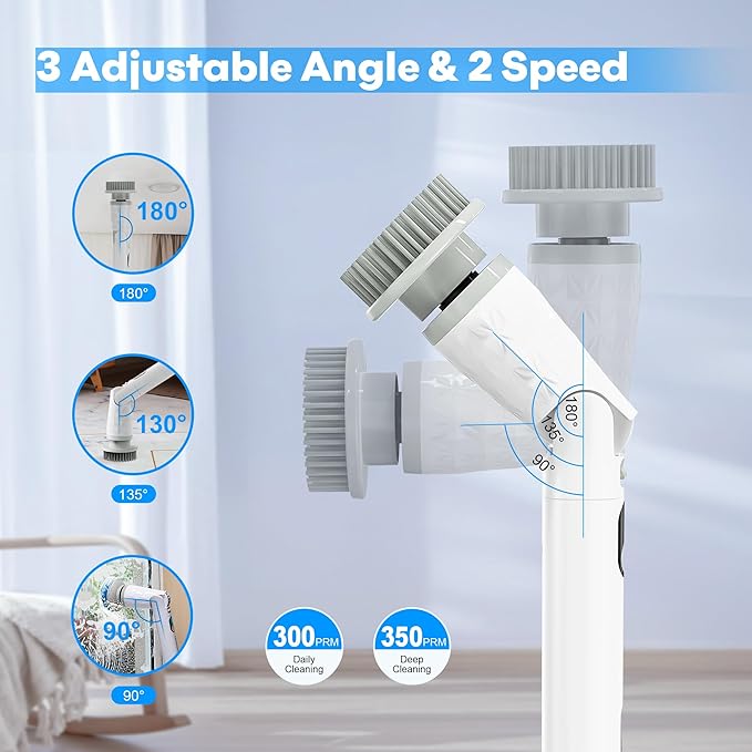 Electric Spin Scrubber, Cordless Cleaning Brush with Long Handle & 8 Brush Heads IPX7 Waterproof Bathroom Scrubber for Tub Grout Tile Floor, TBL03
