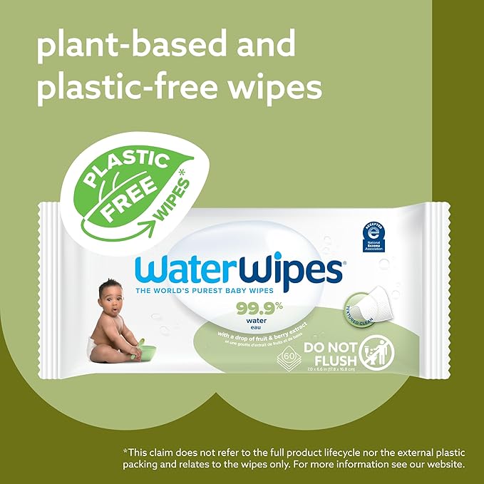 WaterWipes Plastic-Free Textured Clean, Toddler & Baby Wipes, 99.9% Water Based Wipes, Unscented & Hypoallergenic for Sensitive Skin, 60 Count (12 packs), Packaging May Vary