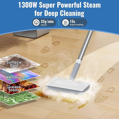 FEPPO Steam Mop with Detachable Handheld Steam Cleaner for Home and Floor Cleaning, 10-in-1 Multi-purpose Attachments & 2 Pads, Powerful Steamer for Floors, Hardwood, Tiles,Grout,Windows,Kitchen,Bath