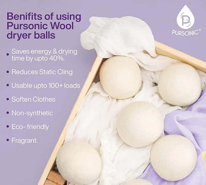 Pursonic 4-Pack Laundry Wool Dryer Balls with Lavender & Peppermint Essential Oil Scent - Reusable Fabric Softener Balls Made from Pure New Zealand Wool - 2.75" Diameter