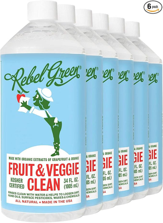 Rebel Green Fruit & Veggie Wash - Natural Produce Wash - Plant-Based Vegetable Wash Spray - Fruit and Vegetable Wash with No Aftertaste - Sustainable Food Wash - (34 oz Refill Bottles, 6 Pack)