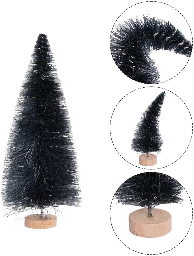 Yookat 40Pcs Mini Pine Trees Artificial Mini Trees with Wood Base Sisal Trees Bottle Brush Trees Assorted Color for Christmas Decoration Winter Ornaments DIY Crafts (Black)