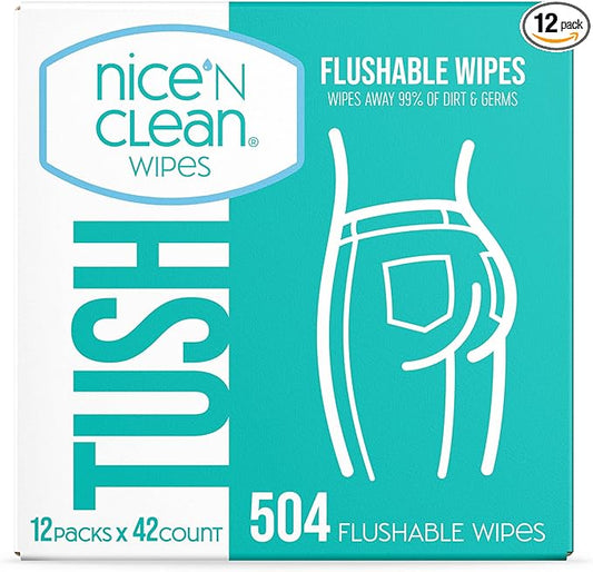 Nice 'N Clean Adult Flushable Wipes (12 x 42 Count) | Personal Cleansing Wipes Made from Plant-Based Fibers | Infused with Aloe & Vitamin E