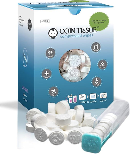 Coin Tissues | Compressed Towels | Camping Wipes | Toilet Paper Tablets | 500 Bulk Pack | For Home, Beauty and Outdoors | Larger, Stronger, Softer & Odor Free | Includes FREE Carrying Case