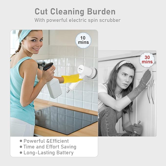Electric Spin Scrubber Cordless Power - Handheld Spin Brush with 5 Replacemet Brush Heads, Scrubber for Cleaning Kitchen Bathroom Floor Stove with 2 Speeds Include Type-C Charger and Battery (White)