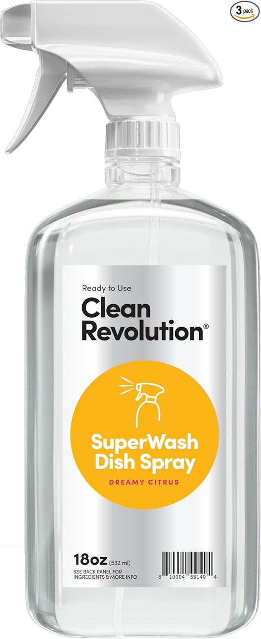 Clean Revolution SuperWash Dish Soap Spray 18oz Refill Supply Container, Ready to Use Formula, Citrus Fragrance, 3 Pack