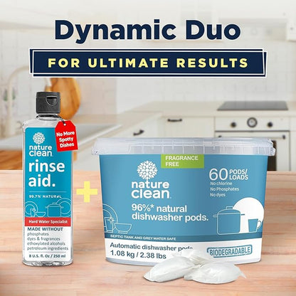 Nature Clean Natural Dishwasher Rinse Aid Liquid, Plant-Based Dishwasher Drying Agent with 99.7% Natural Ingredients, Unbelievable Power and No Nasty Chemicals. Hard Water Stain Remover. 8 oz 2-pack