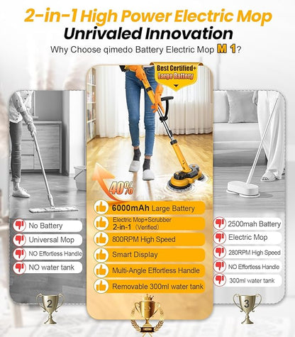qimedo 6000mAh Battery Electric Mop M1, 800RPM Cordless Electric Power Scrubber & Mops for Floor Cleaning, Best Automatic Spin Mops with Smart Display,Rotating Mop with LED Light & Water Spray