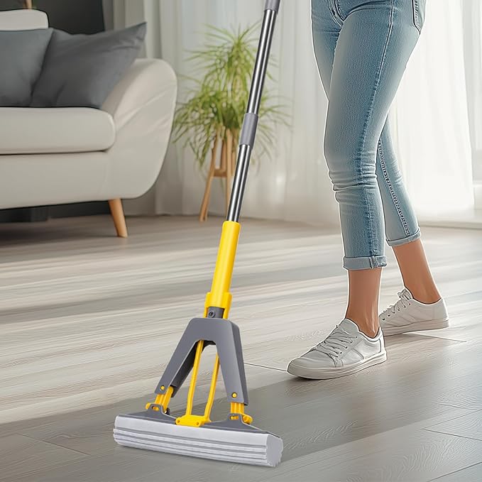 Masthome Sponge Mop,Roller Sponge Mop with 3 Absorbent PVA Mop Refills,Self Squeeze Sponge Mops and Stainless Steel Handle,PVA Sponge Mops for Floor Cleaning