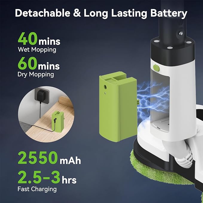 EOUS Cordless Electric Mop, Electric Mops for Floor Cleaning, Powerful Spin Mop with LED Headlight, Water Spray, Up to 60 mins Floor Scrubber with 300ml Water Tank, Detachable Battery, Multi-Surface