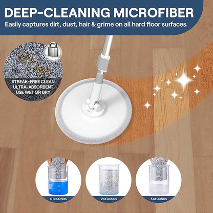 VENETIO Water Filtration Microfiber Spin Mop and Bucket Set – Self Wringing Wet Dry All-in-One Round Mop System with 2 Pads, Safe on All Floor Types Hardwood, Marble, Tile, Vinyl, Laminate, White/Grey