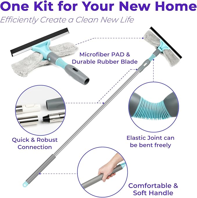 Detachable Broom Mop Combo for House Cleaning, Collapsible Broom and Mop for RV, Home, Dorm, Foldable, Extendable Pole, Fiber Duster, Window Squeegee, Window Scrubber