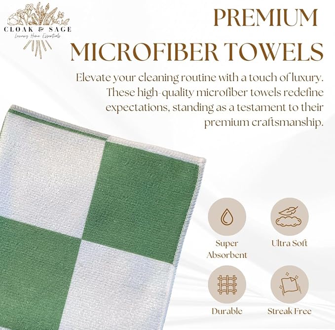 Cloak & SAGE 13" x 13" Luxury Microfiber Cleaning Cloths | Sage – 8 Pack | Premium Checkered All-Purpose Microfiber Towels for Cleaning Glass, Kitchens, Bathrooms, Automotive, & Supplies (8, Sage)