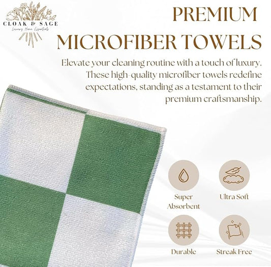 Cloak & SAGE 13" x 13" Luxury Microfiber Cleaning Cloths | Sage – 8 Pack | Premium Checkered All-Purpose Microfiber Towels for Cleaning Glass, Kitchens, Bathrooms, Automotive, & Supplies (8, Sage)