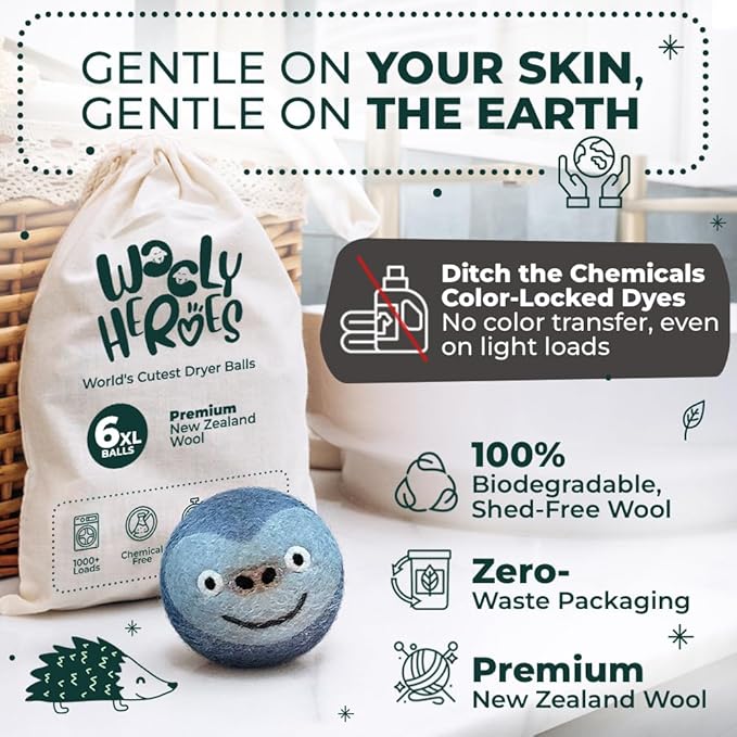 No More Dryer Sheets - Wool Dryer Balls - XL 6-Pack - Eco Dryer Balls - Dryer Balls Laundry Reusable - Softens Laundry Naturally - Reduces Drying Time & Static - with Storage Bag