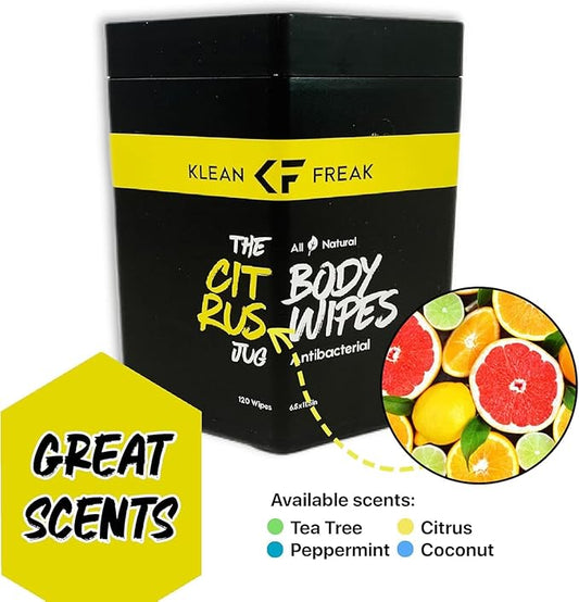 Body Wipes - for Face and Body, No Water, Wipe Away Sweat and Odor, Large Textured, Travel, Gym, Camping and More, 120 Cnt Jug (Citrus)
