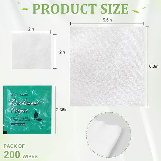 200Pcs Travel Deodorant Wipes, Travel Size Mini Deodorant Wipes Bulk for Homeless, Individually Wrapped Body Cleaning Supplies for Women Wet Armpit for Body Cleaning Jasmine