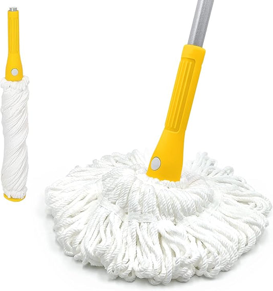 Self Wringing Mop with 2 Washable Heads, JEHONN Wet Mop for Floor Cleaning Heavy Duty, Upgraded 57.5 inches Long Handle Twist Mop for Hardwood Vinyl Tile Marble Laminate Home Office Kitchen (Yellow)