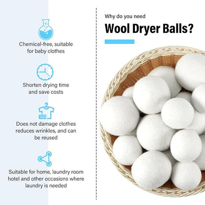 24 Pack Wool Dryer Balls, 3.15'', 2.4'' Reusable Laundry Balls Wool Balls Natural No Lint Fabric Softener Balls for Clothing Wrinkles (White)