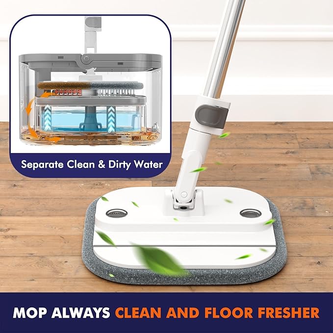 KZKR Spin Mop and Bucket Set with Self Separation Dirty and Clean Water System, Self Wringing 360° Rotating Square Mop Head for Home Floors Cleaning (2.0 Mop and Bucket Set (2 Pads) Ship by Amazon)