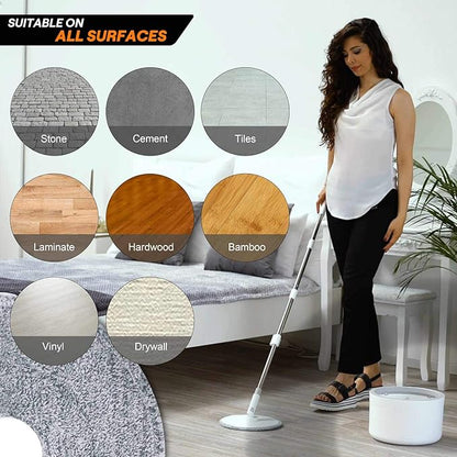 VENETIO Water Filtration Microfiber Spin Mop and Bucket Set – Self Wringing Wet Dry All-in-One Round Mop System with 2 Pads, Safe on All Floor Types Hardwood, Marble, Tile, Vinyl, Laminate, White/Grey