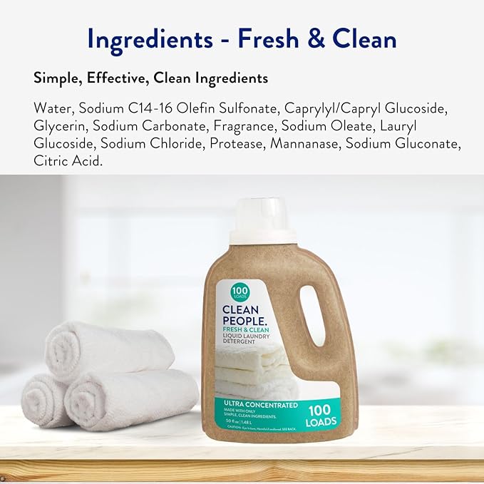 The Clean People Liquid Laundry Detergent - Recyclable Packaging, Stain Fighting - Ultra Concentrated, Laundry Soap - Fresh Scent, 50 fl oz