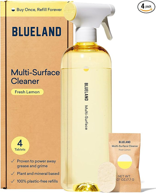 BLUELAND Multi-surface Cleaner, Starter Set, Fresh Lemon Scent, Spray Bottle with 4 Refill Tablets, All-Purpose, Eco-Friendly Cleaning Supplies, 4 x 24 Fl oz