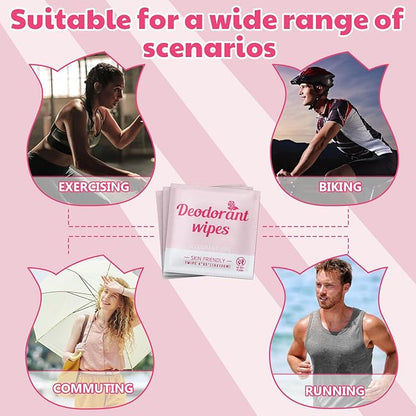 Timgle 100 Pcs Travel Deodorant Wipes Individually Wrapped Armpit Antiperspirant Deodorant Sweat Body Wipes for Women Men Teens Sports Travel Cleanse Skin and Underarm Excessive Sweating(Rose)
