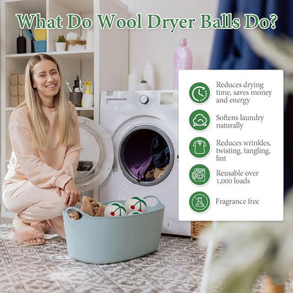 Wool Dryer Balls XL 6Pack Cherry Eco Dryer Balls Dryer Balls Laundry Reusable Softens Laundry Naturally Reduces Drying Time & Static No More Dryer Sheets with Storage Bag