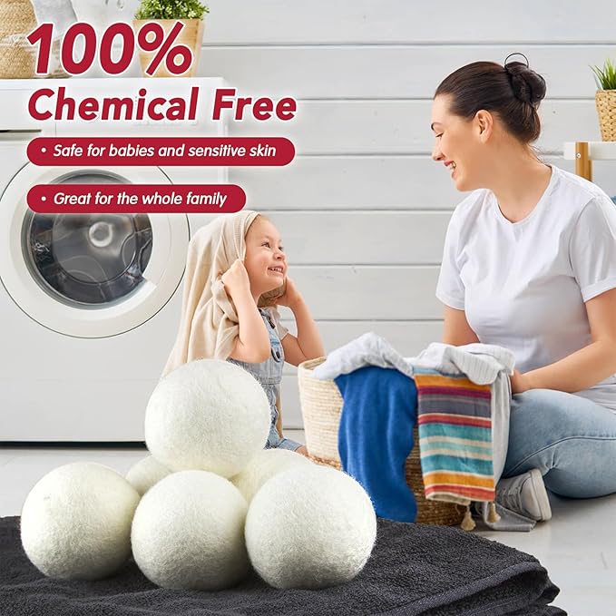 100% New Zealand Wool Dryer Balls L Size – 6 Pack, Organic & Chemical-Free Fabric Softener, Baby Safe & Hypoallergenic, Reduces Static, Wrinkles & Drying Time, Reusable for 1000+ Loads