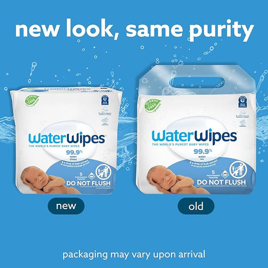 WaterWipes Plastic-Free Original Baby Wipes, 99.9% Water Based Wipes, Unscented & Hypoallergenic for Sensitive Skin, 300 Count (5 packs)