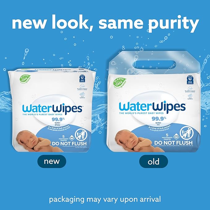 WaterWipes Plastic-Free Original Baby Wipes, 99.9% Water Based Wipes, Unscented & Hypoallergenic for Sensitive Skin, 300 Count (5 packs)