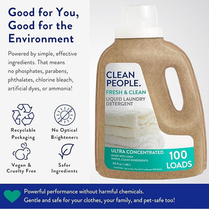 The Clean People Liquid Laundry Detergent - Recyclable Packaging, Stain Fighting - Ultra Concentrated, Laundry Soap - Fresh Scent, 50 fl oz