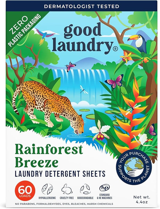Detergent Sheets - Rainforest Breeze Scented (60 Loads) - Eco-Friendly Laundry Detergent Sheets, Hypoallergenic, No Plastic Jugs or Waste - Based in the USA