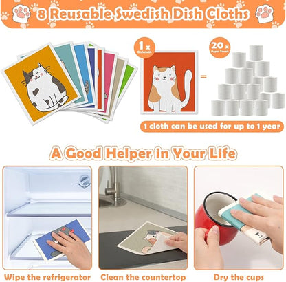 Lucomb Swedish Dish Cloths for Kitchen, 8 Pack Reusable Cleaning Cloth Absorbent Kitchen Towels No Odor Fast Drying for Home Wipes Dish Washing (Cute Cat)