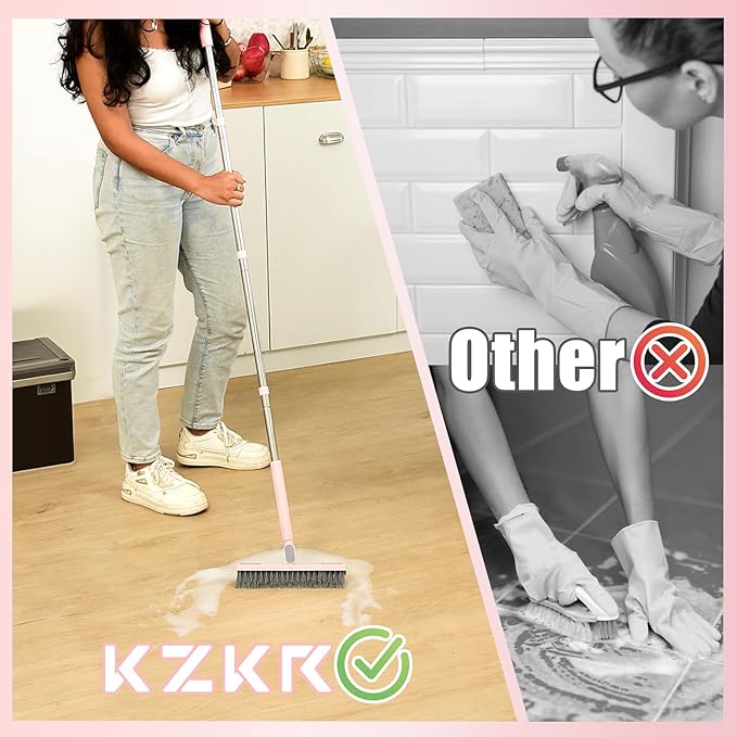 Floor Scrub Brush with Long Handle 58'’ Telescopic Handle 2 in 1 Scrape Brush, V-Shaped Corner Stiff Bristle Floor Scrubber with Squeegee for Cleaning Shower Bathroom Garage Kitchen Wall Tub Deck Tile